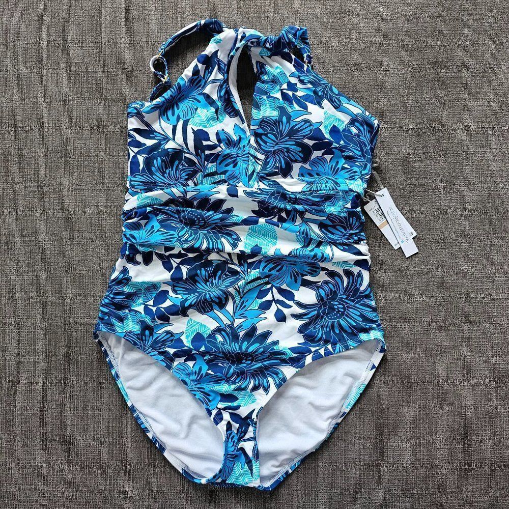 Bleu Rod Beattie Halter High Neck twist neckline blue white women's swimsuit 12